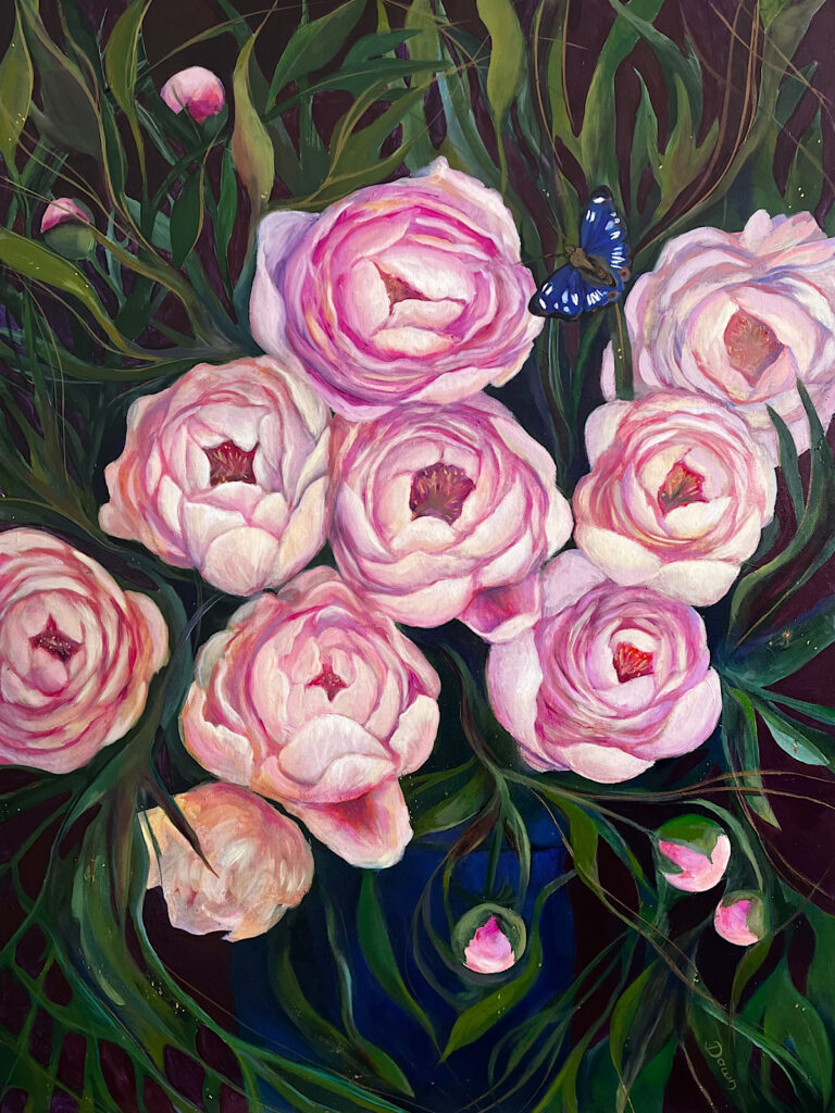 Pink peonies oil painting by Dawn Rodger