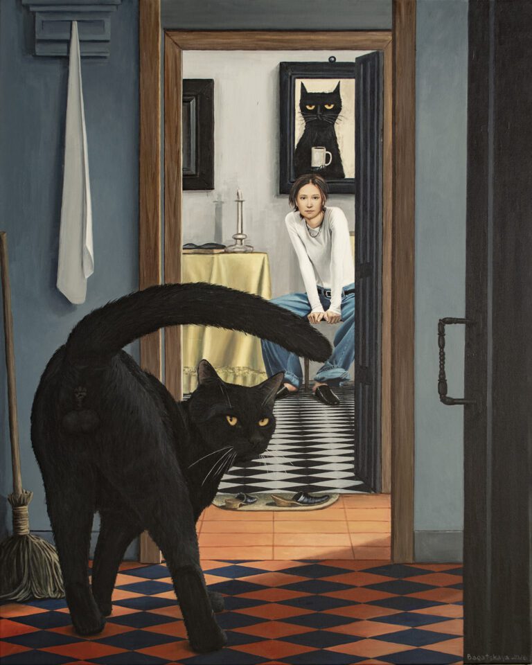 A girl sits in a doorway inside a blue-walled room, facing the camera as a large black cat with orange eyes stalks toward the foreground on a checkered floor.